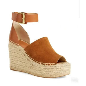Marc Fisher 9.5M Adalyn Espadrille Platform Wedge Heel Ankle Strap Cognac Suede